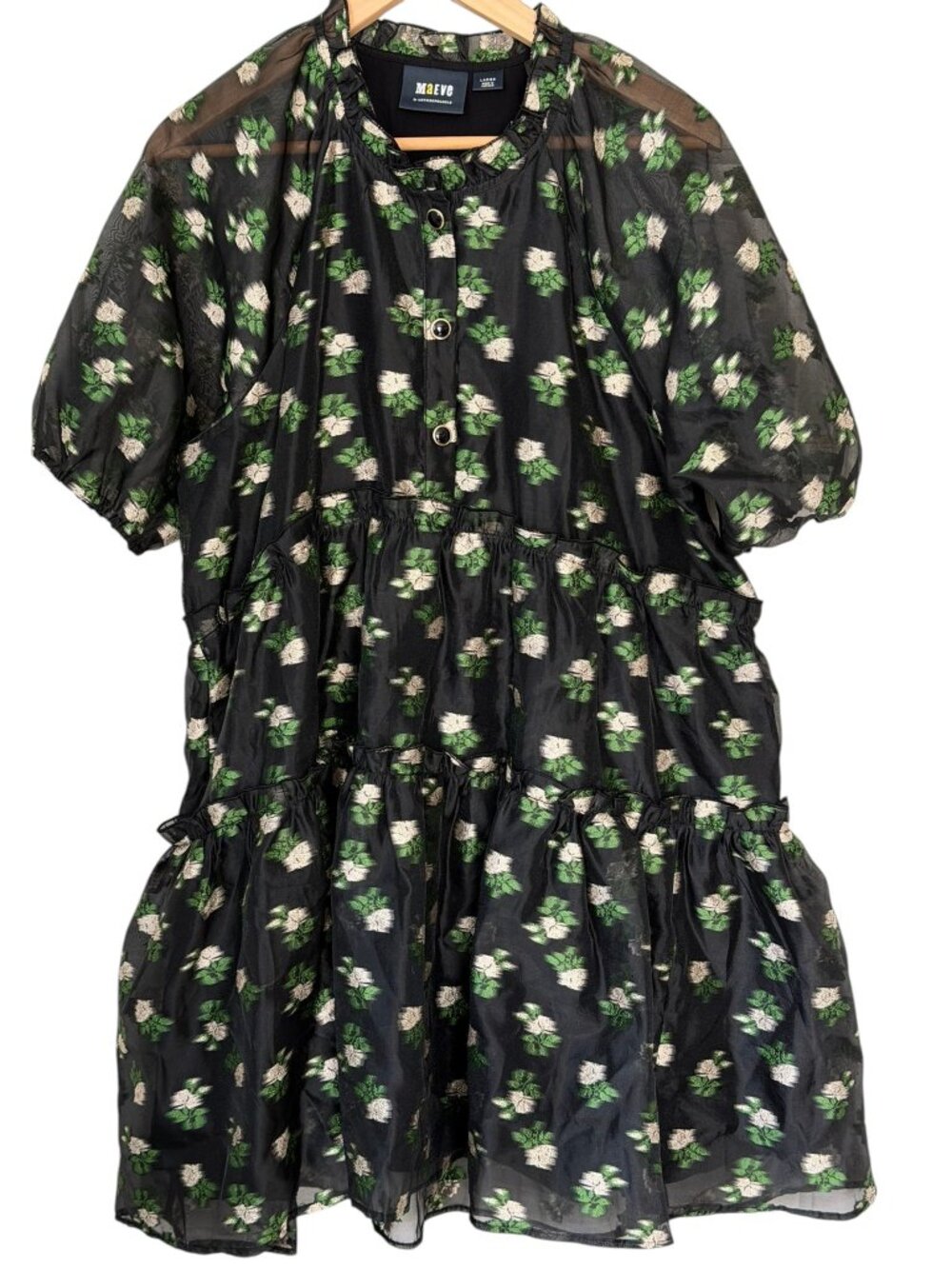 Maeve Anthropologie Tiered Organza Floral Jacquard Babydoll Mini Dress Black L